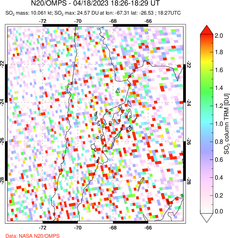 A sulfur dioxide image over Northern Chile on Apr 18, 2023.