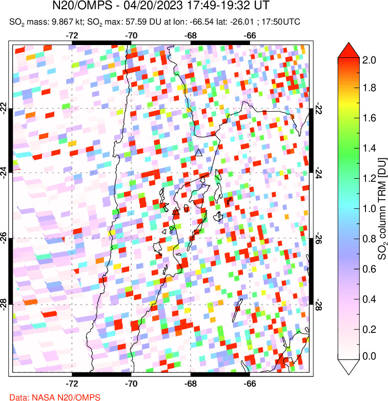 A sulfur dioxide image over Northern Chile on Apr 20, 2023.