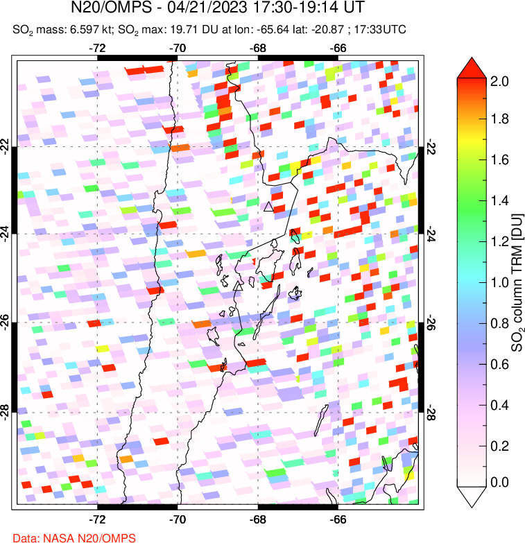 A sulfur dioxide image over Northern Chile on Apr 21, 2023.