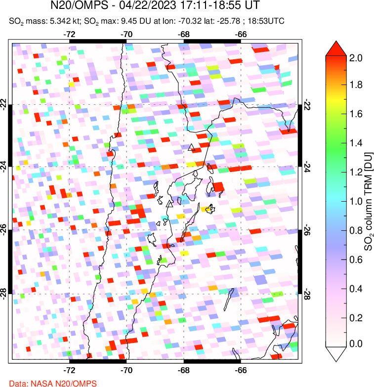 A sulfur dioxide image over Northern Chile on Apr 22, 2023.