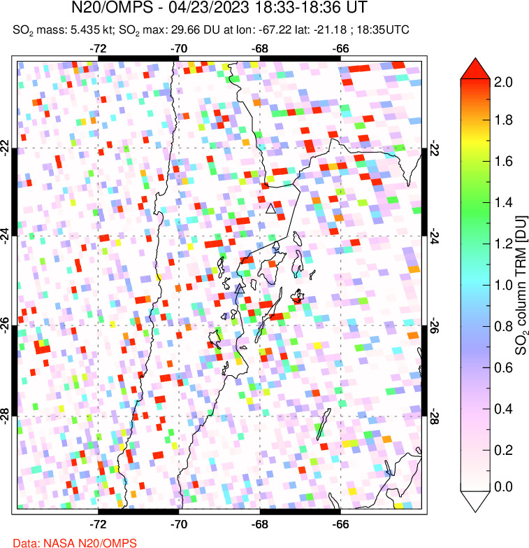 A sulfur dioxide image over Northern Chile on Apr 23, 2023.