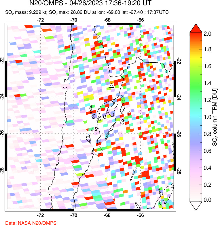 A sulfur dioxide image over Northern Chile on Apr 26, 2023.