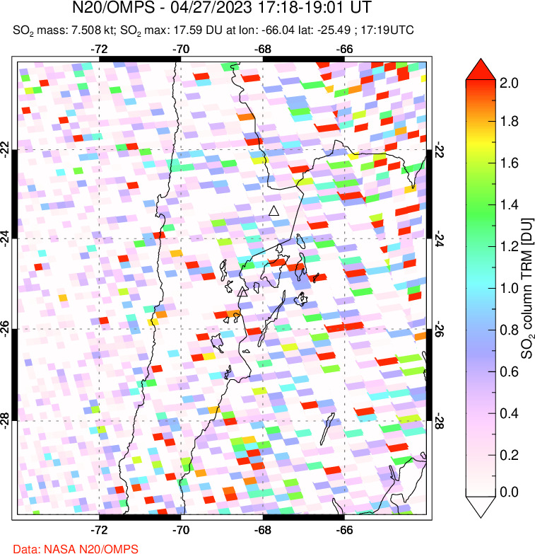 A sulfur dioxide image over Northern Chile on Apr 27, 2023.