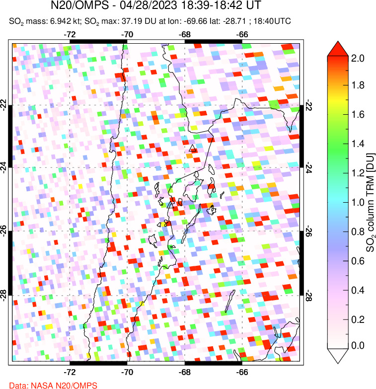 A sulfur dioxide image over Northern Chile on Apr 28, 2023.