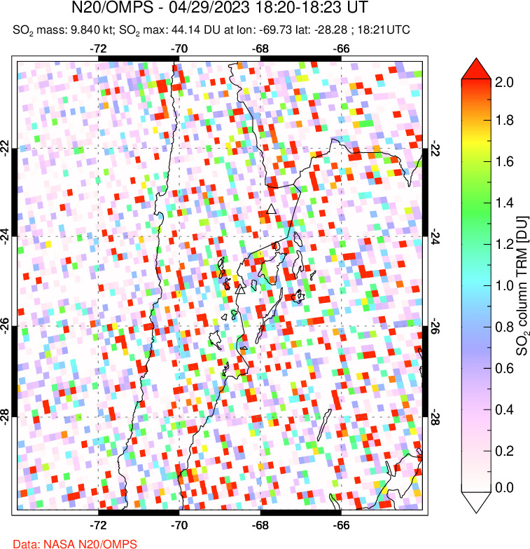 A sulfur dioxide image over Northern Chile on Apr 29, 2023.