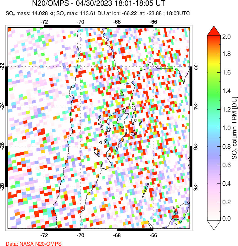 A sulfur dioxide image over Northern Chile on Apr 30, 2023.