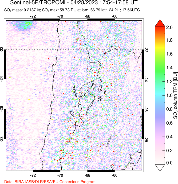 A sulfur dioxide image over Northern Chile on Apr 28, 2023.
