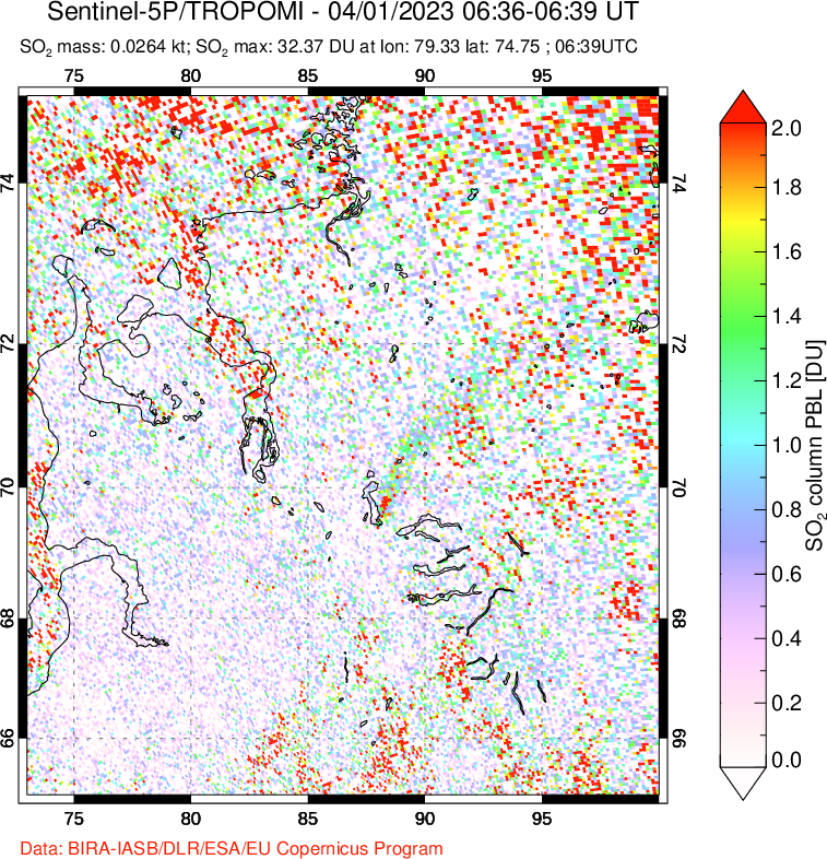 A sulfur dioxide image over Norilsk, Russian Federation on Apr 01, 2023.