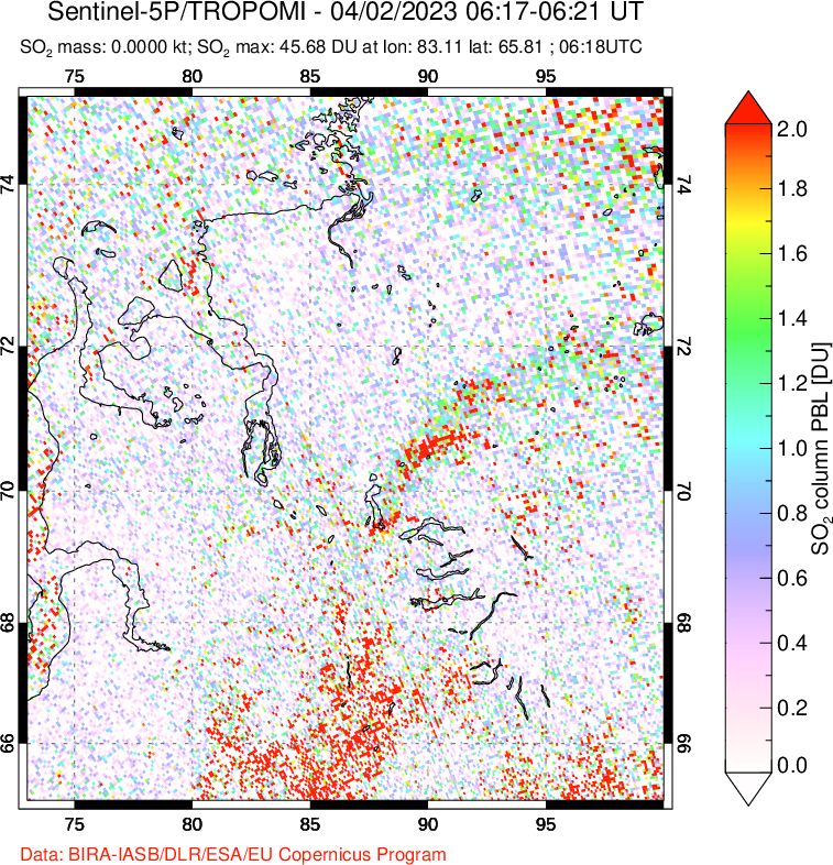 A sulfur dioxide image over Norilsk, Russian Federation on Apr 02, 2023.