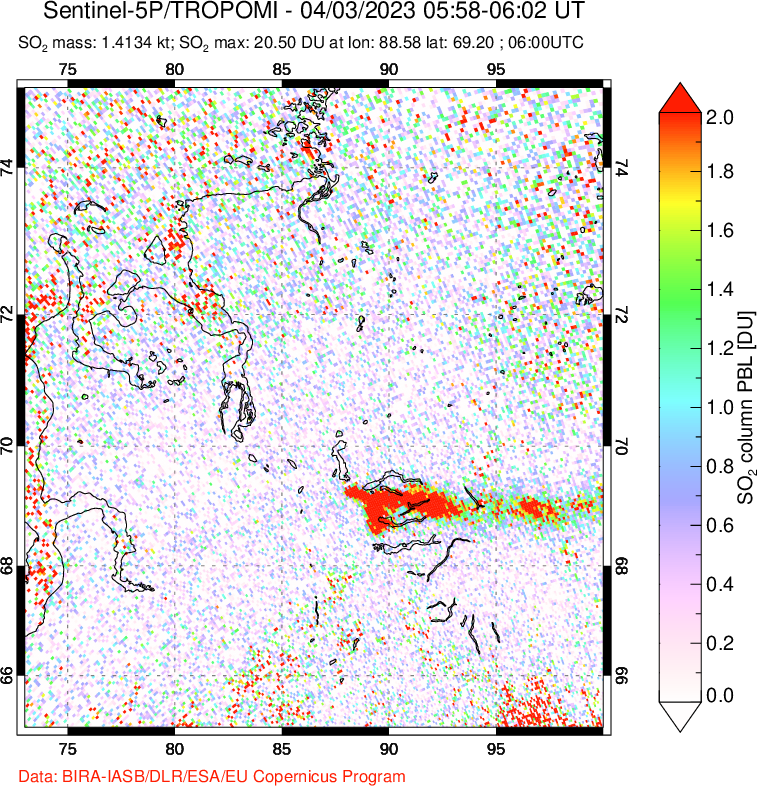 A sulfur dioxide image over Norilsk, Russian Federation on Apr 03, 2023.