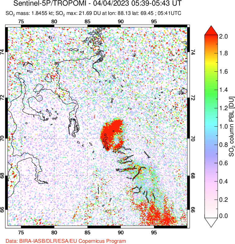 A sulfur dioxide image over Norilsk, Russian Federation on Apr 04, 2023.