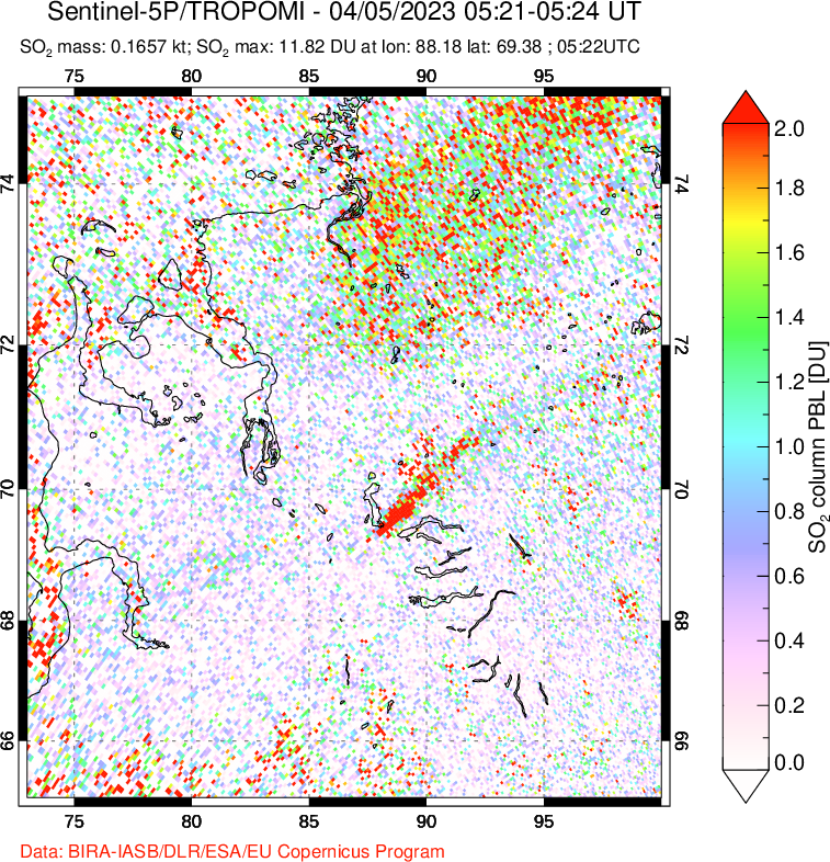A sulfur dioxide image over Norilsk, Russian Federation on Apr 05, 2023.