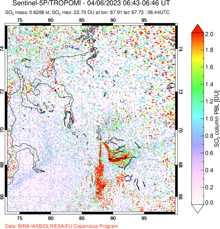 A sulfur dioxide image over Norilsk, Russian Federation on Apr 06, 2023.