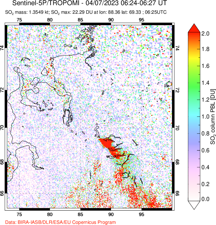 A sulfur dioxide image over Norilsk, Russian Federation on Apr 07, 2023.