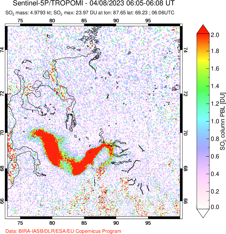 A sulfur dioxide image over Norilsk, Russian Federation on Apr 08, 2023.
