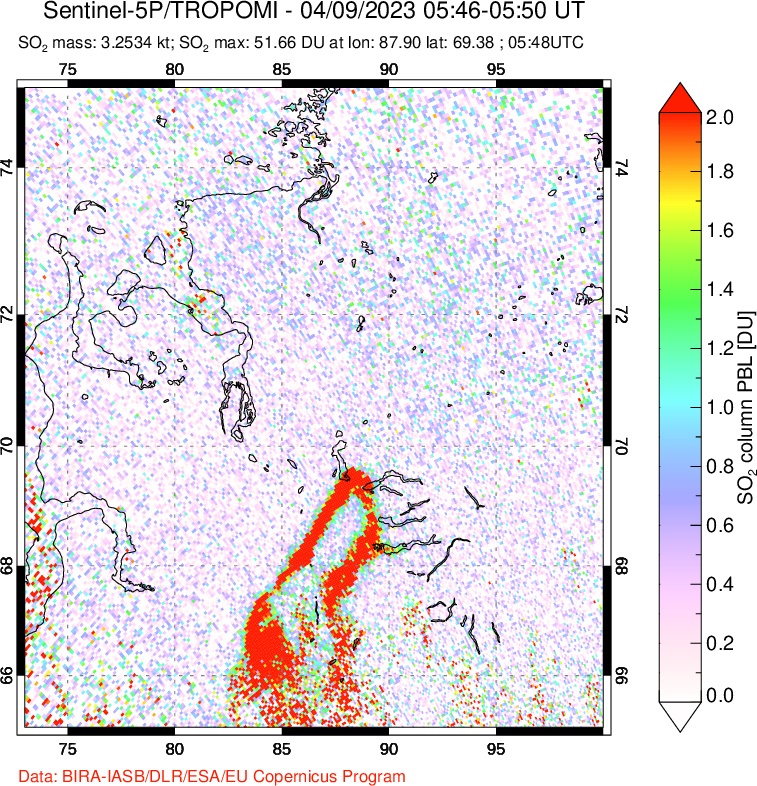 A sulfur dioxide image over Norilsk, Russian Federation on Apr 09, 2023.