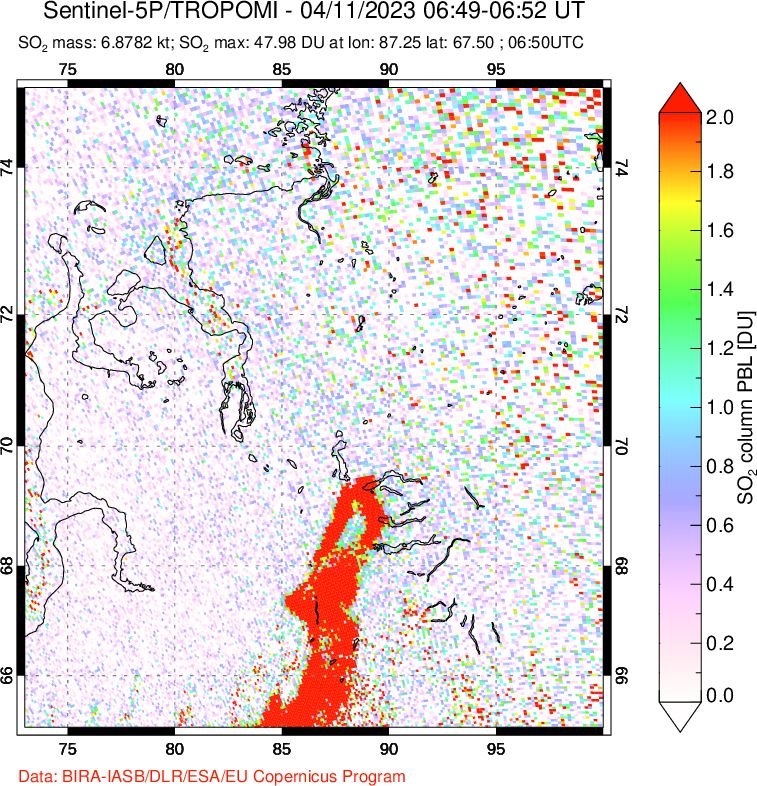 A sulfur dioxide image over Norilsk, Russian Federation on Apr 11, 2023.