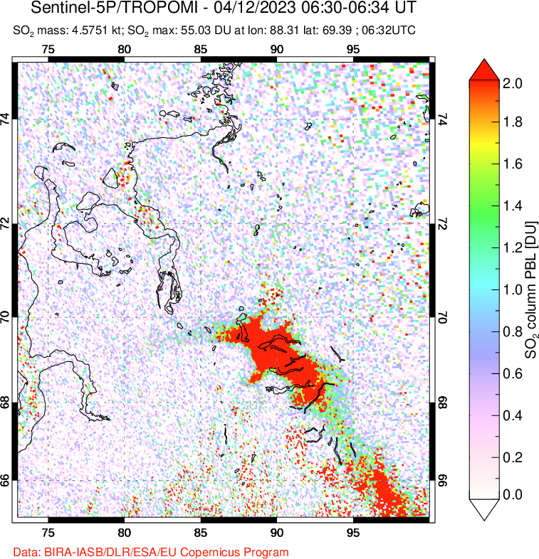 A sulfur dioxide image over Norilsk, Russian Federation on Apr 12, 2023.