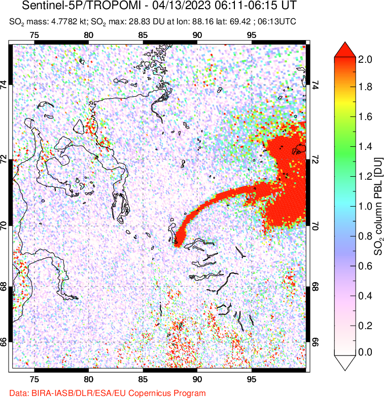 A sulfur dioxide image over Norilsk, Russian Federation on Apr 13, 2023.