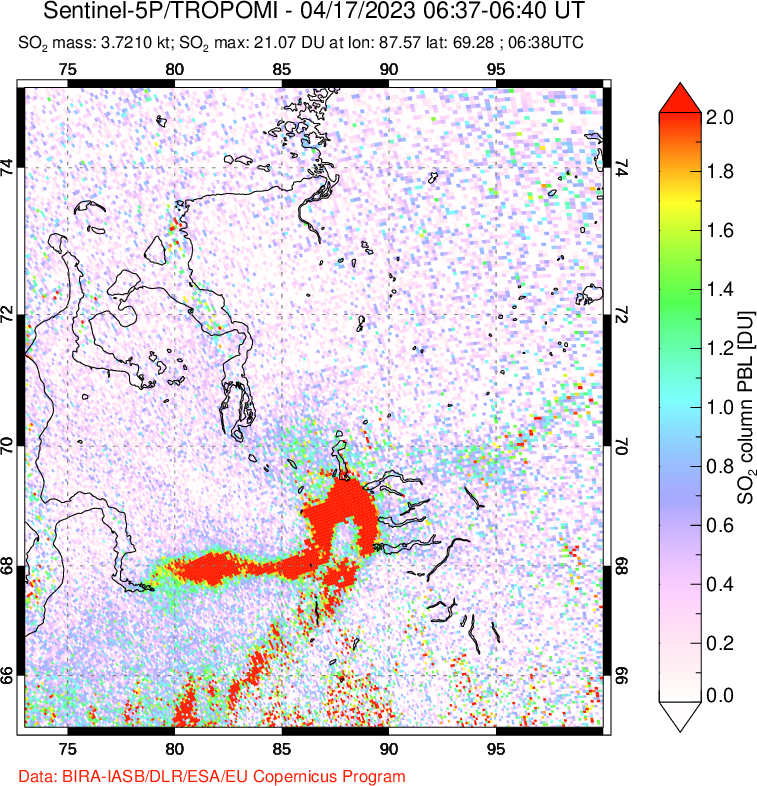 A sulfur dioxide image over Norilsk, Russian Federation on Apr 17, 2023.