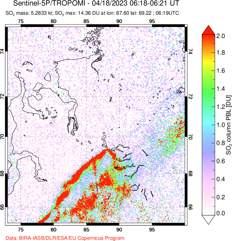 A sulfur dioxide image over Norilsk, Russian Federation on Apr 18, 2023.