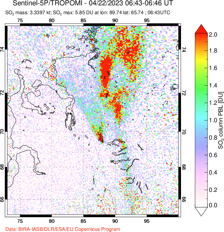 A sulfur dioxide image over Norilsk, Russian Federation on Apr 22, 2023.