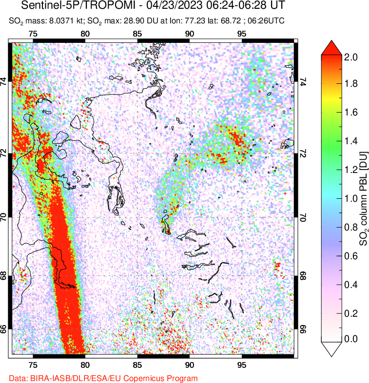 A sulfur dioxide image over Norilsk, Russian Federation on Apr 23, 2023.