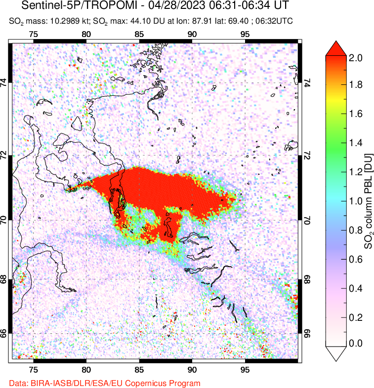 A sulfur dioxide image over Norilsk, Russian Federation on Apr 28, 2023.