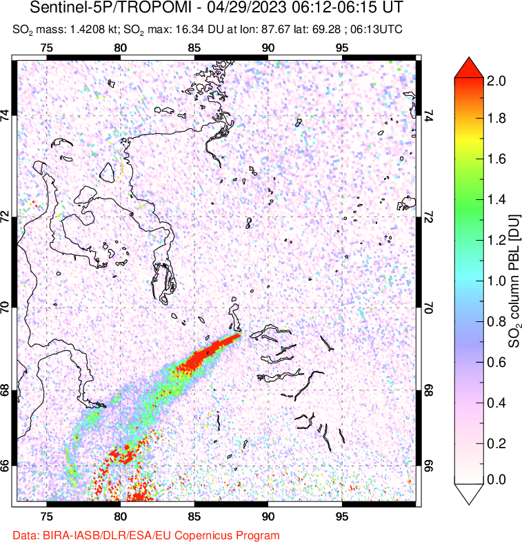 A sulfur dioxide image over Norilsk, Russian Federation on Apr 29, 2023.