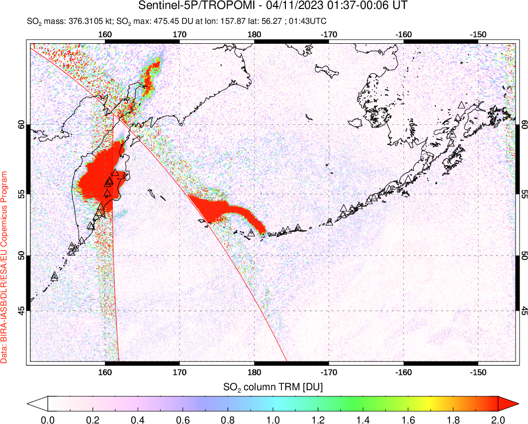 A sulfur dioxide image over North Pacific on Apr 11, 2023.