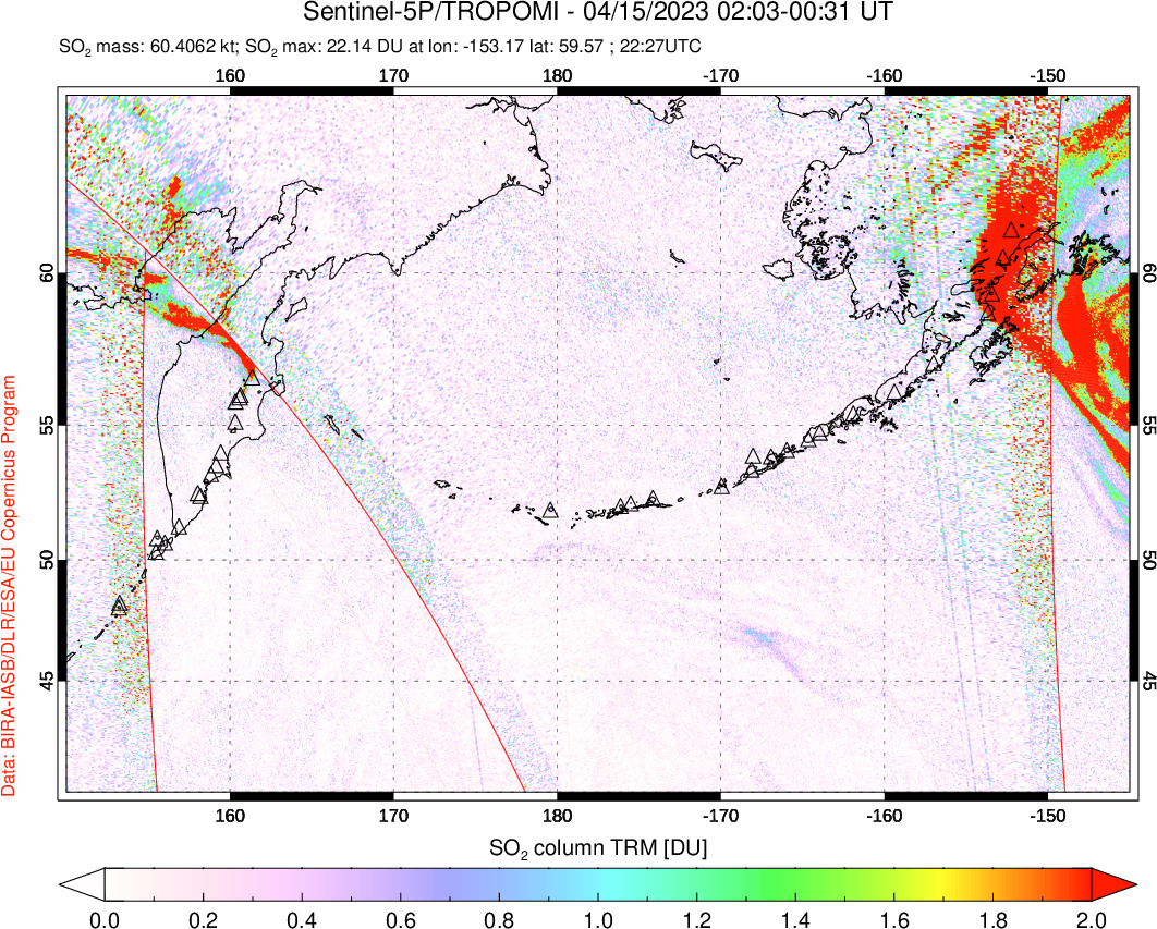 A sulfur dioxide image over North Pacific on Apr 15, 2023.
