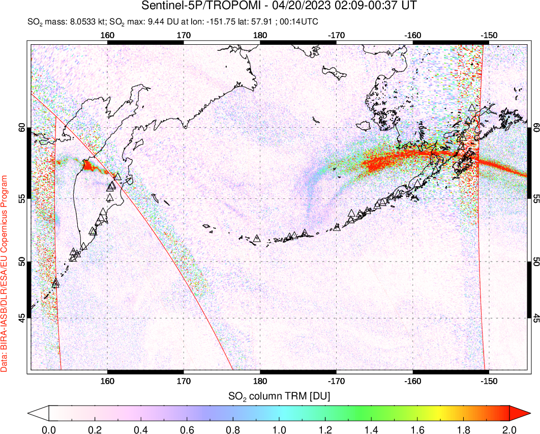 A sulfur dioxide image over North Pacific on Apr 20, 2023.