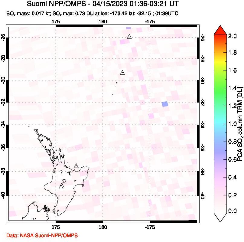 A sulfur dioxide image over New Zealand on Apr 15, 2023.