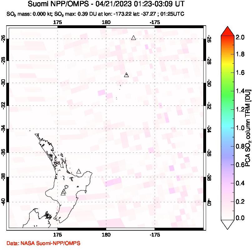 A sulfur dioxide image over New Zealand on Apr 21, 2023.