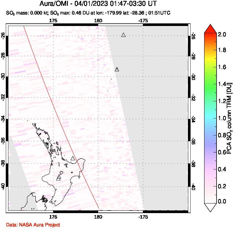 A sulfur dioxide image over New Zealand on Apr 01, 2023.
