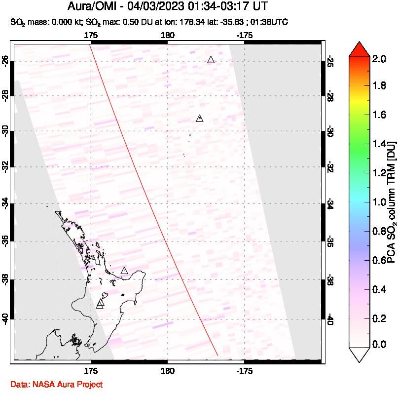 A sulfur dioxide image over New Zealand on Apr 03, 2023.