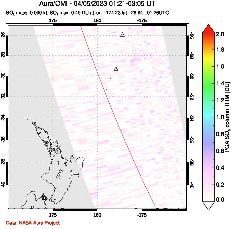 A sulfur dioxide image over New Zealand on Apr 05, 2023.