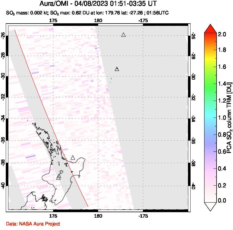 A sulfur dioxide image over New Zealand on Apr 08, 2023.