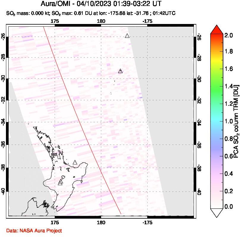 A sulfur dioxide image over New Zealand on Apr 10, 2023.