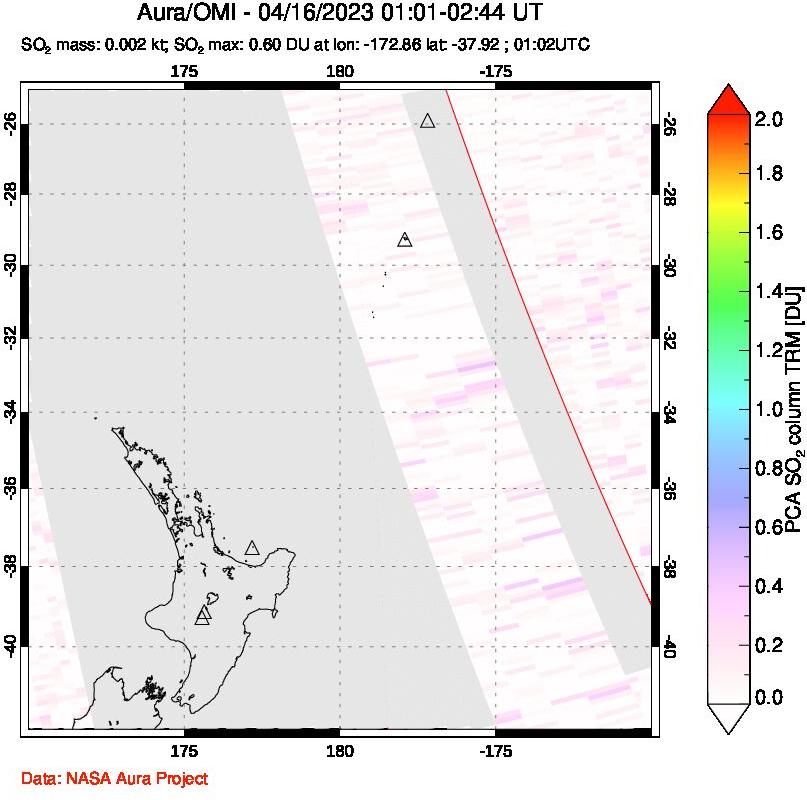 A sulfur dioxide image over New Zealand on Apr 16, 2023.