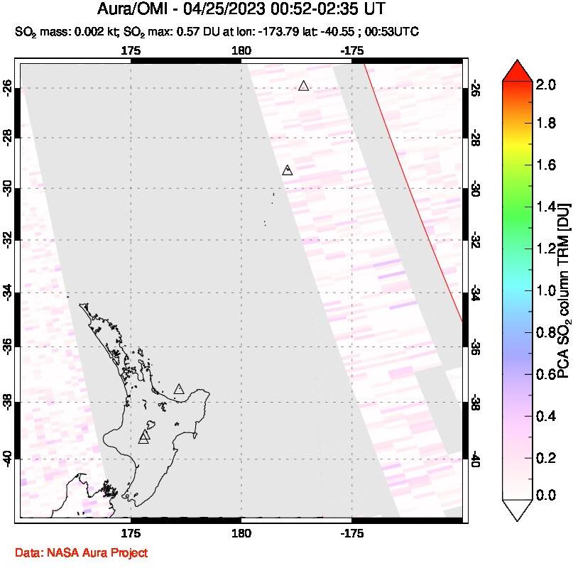 A sulfur dioxide image over New Zealand on Apr 25, 2023.