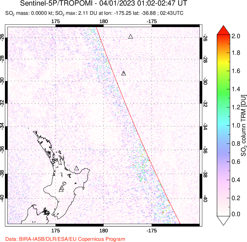 A sulfur dioxide image over New Zealand on Apr 01, 2023.