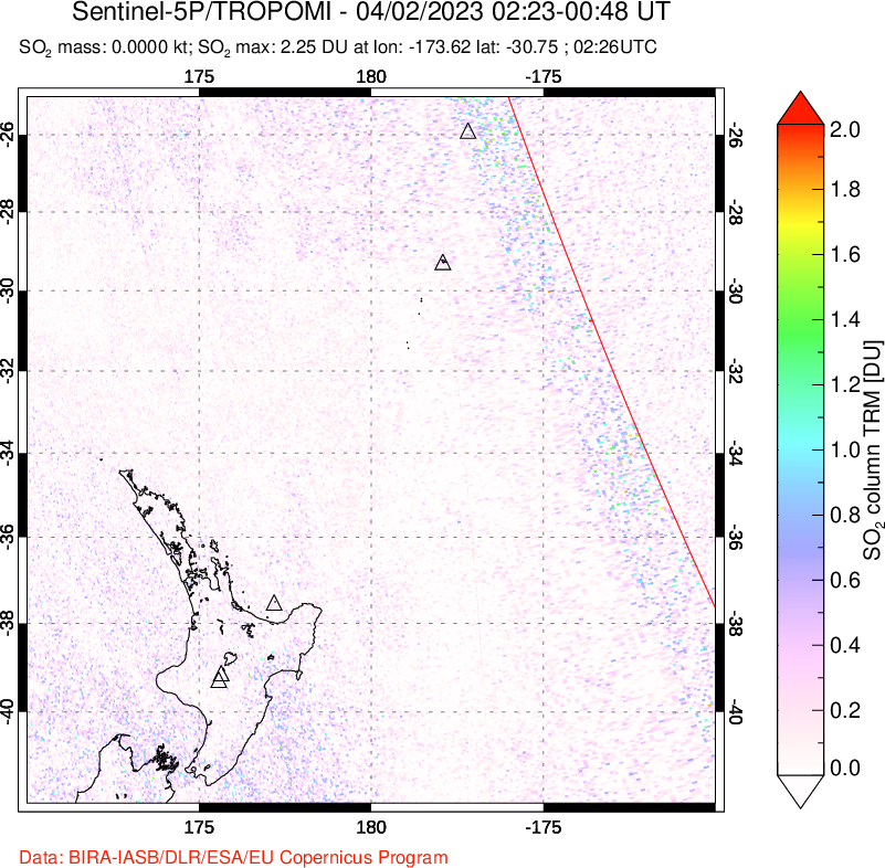 A sulfur dioxide image over New Zealand on Apr 02, 2023.