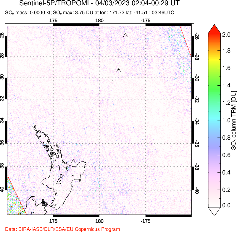 A sulfur dioxide image over New Zealand on Apr 03, 2023.