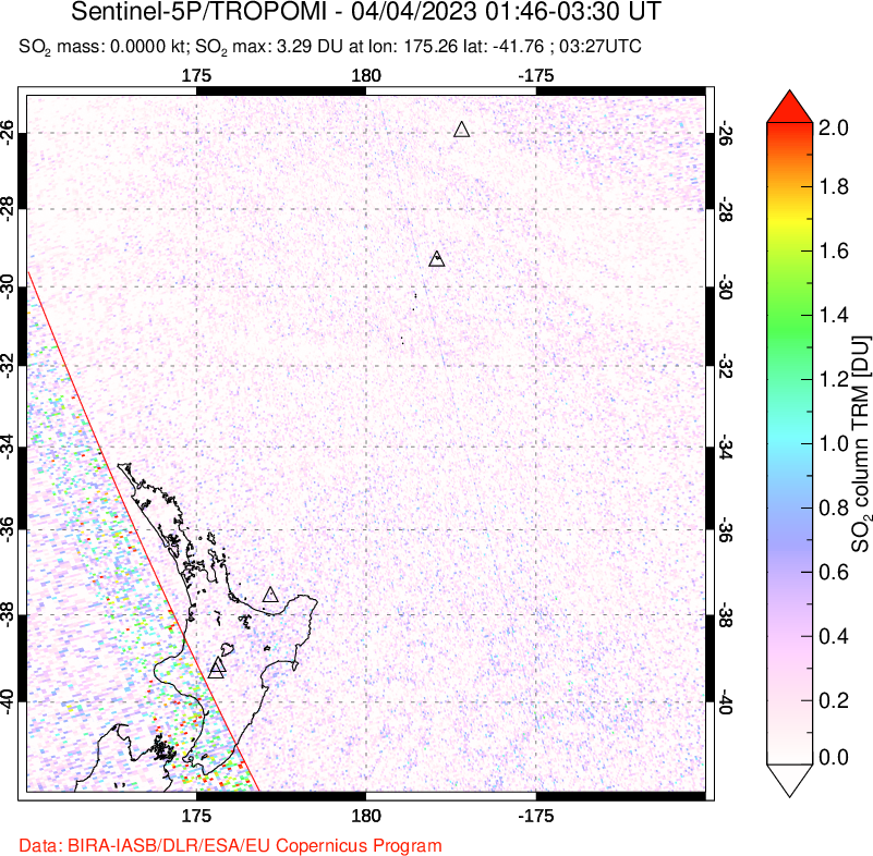 A sulfur dioxide image over New Zealand on Apr 04, 2023.