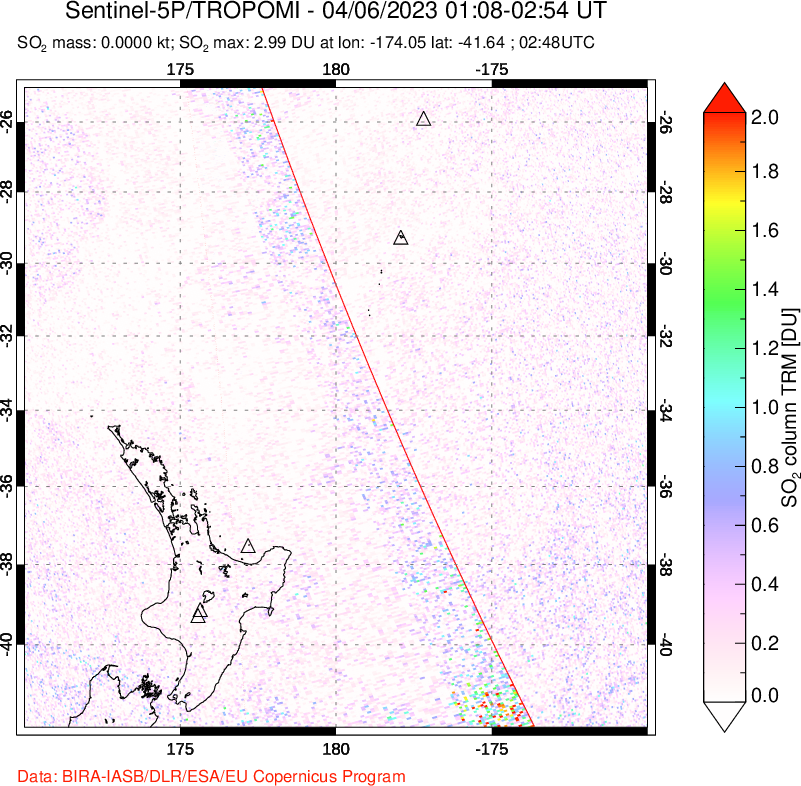 A sulfur dioxide image over New Zealand on Apr 06, 2023.