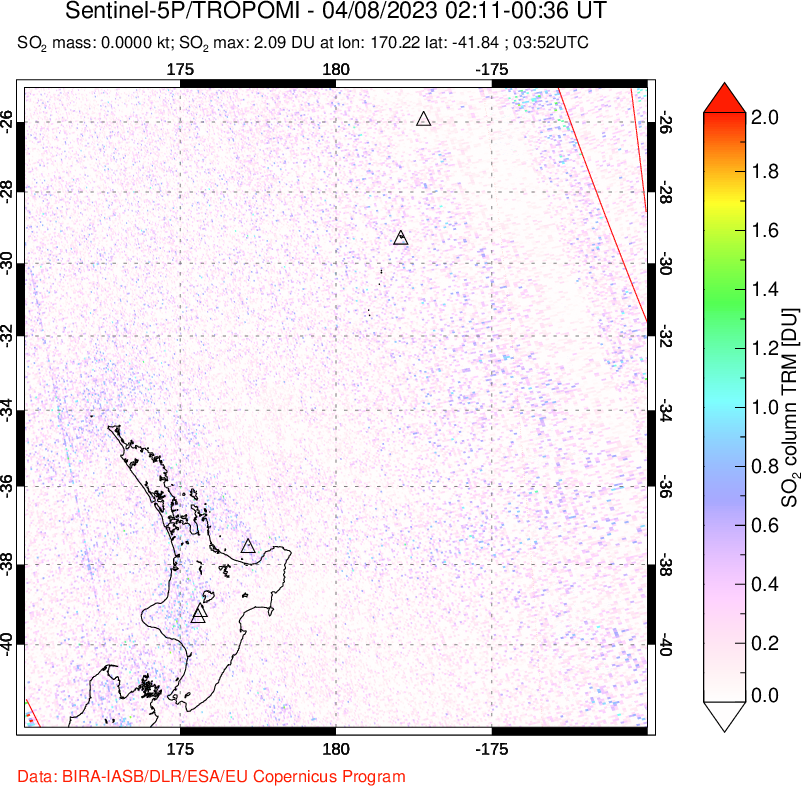 A sulfur dioxide image over New Zealand on Apr 08, 2023.