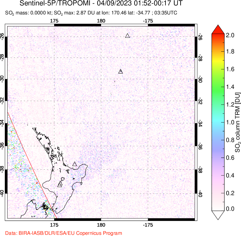 A sulfur dioxide image over New Zealand on Apr 09, 2023.