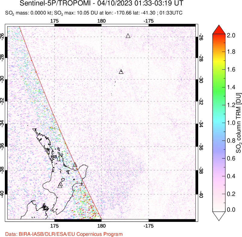 A sulfur dioxide image over New Zealand on Apr 10, 2023.