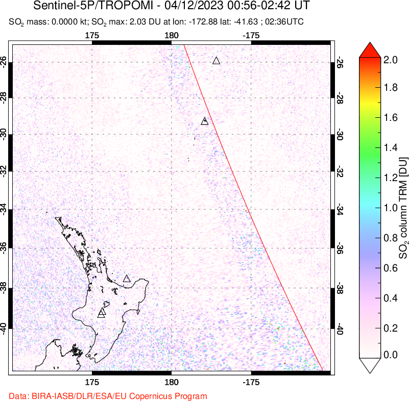 A sulfur dioxide image over New Zealand on Apr 12, 2023.